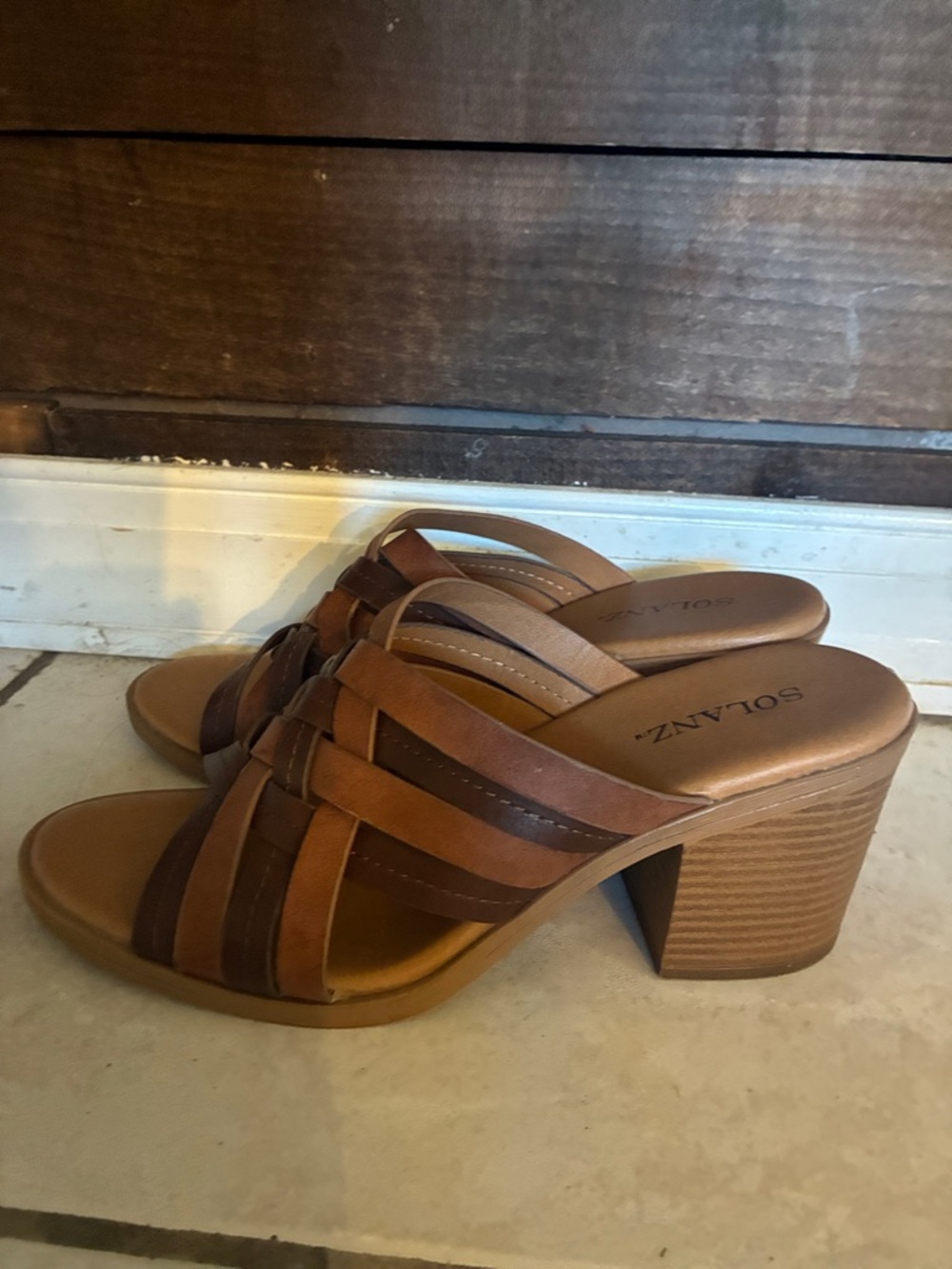 SOLANZ Brown Multi-Strap Block Heel Mules